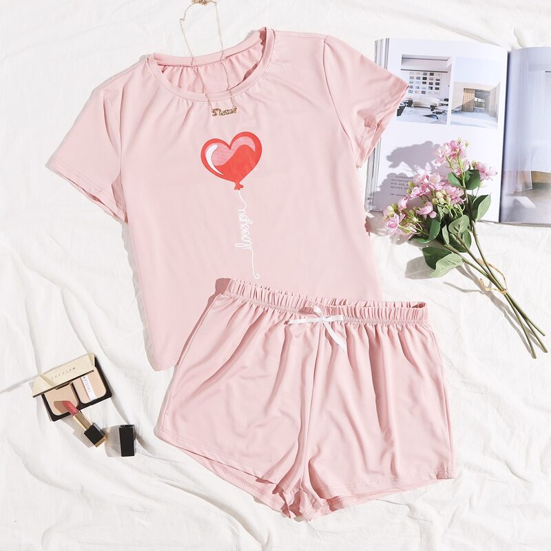 

Heart & Slogan Print PJ Set, Baby pink