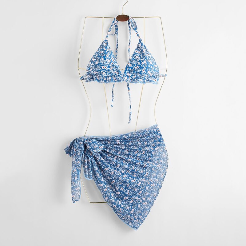 

3pack Ditsy Floral Ruffle Bikini Swimsuit With Beach Skirt, Blue
