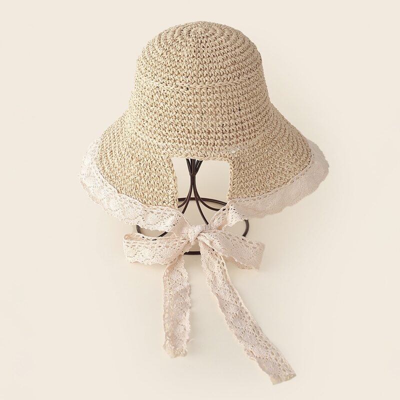 

Contrast Lace Straw Hat, Beige
