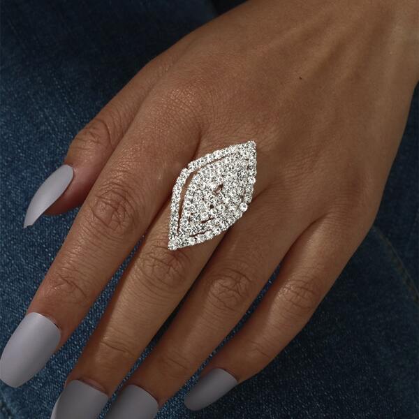 

Geometric Rhinestone Decor Ring, Silver