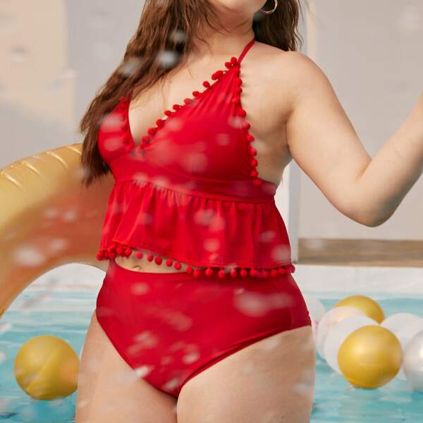 

Plus Pom-pom Trim Halter Bikini Top, Red