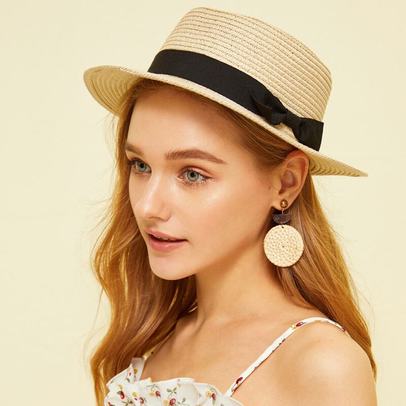 

1pc Bow Decor Straw Hat, Beige