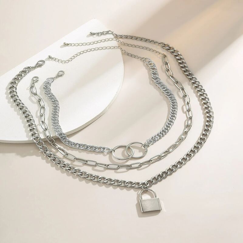 

3pcs Lock Pendant Chunky Chain Necklace, Silver
