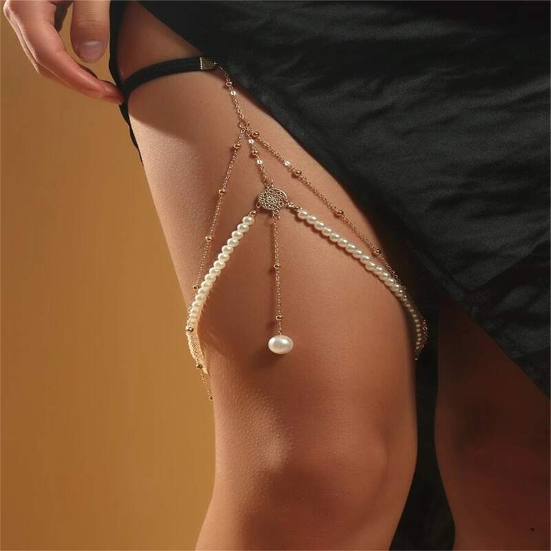 

Faux Pearl Beaded Leg Chain, White