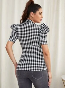 SHEIN Maternity Puff Sleeve Gingham Top - Black and White - View 2