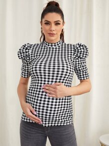 SHEIN Maternity Puff Sleeve Gingham Top - Black and White - View 3