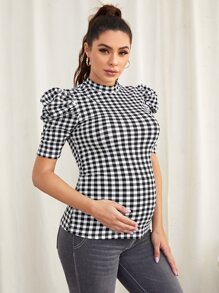 SHEIN Maternity Puff Sleeve Gingham Top - Black and White - View 5