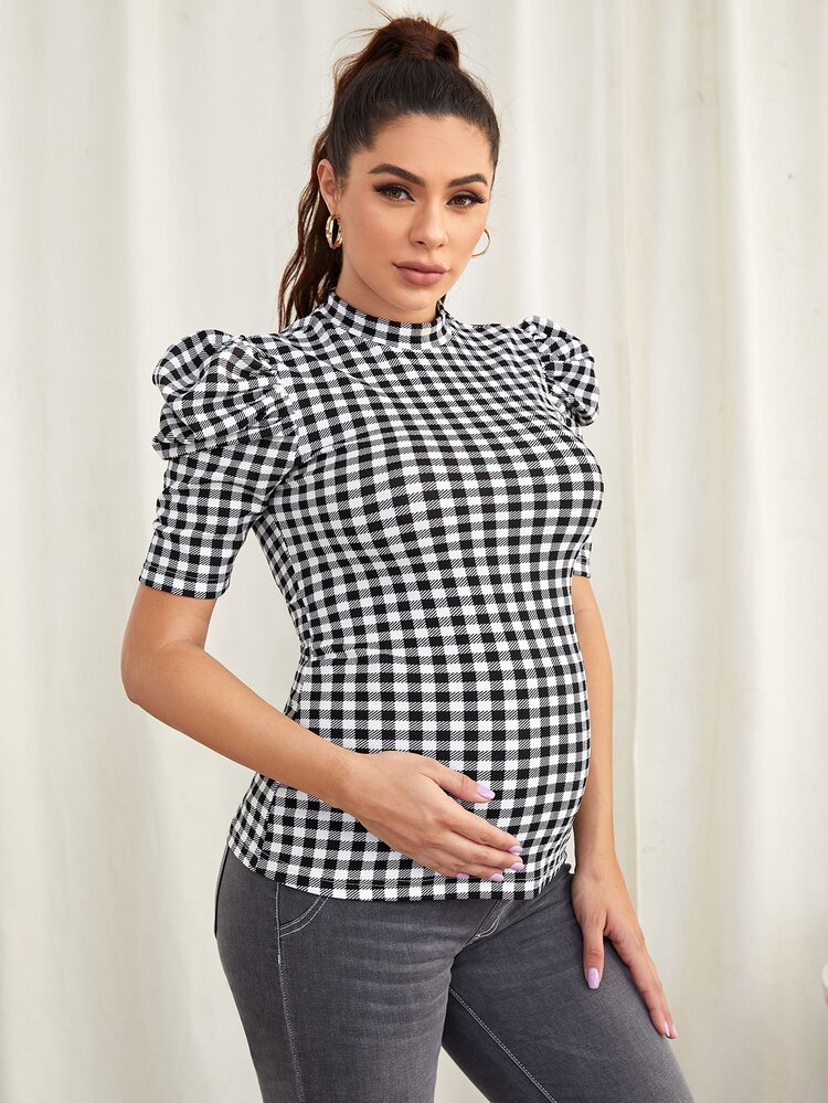 SHEIN Maternity Puff Sleeve Gingham Top - Black and White - View 5