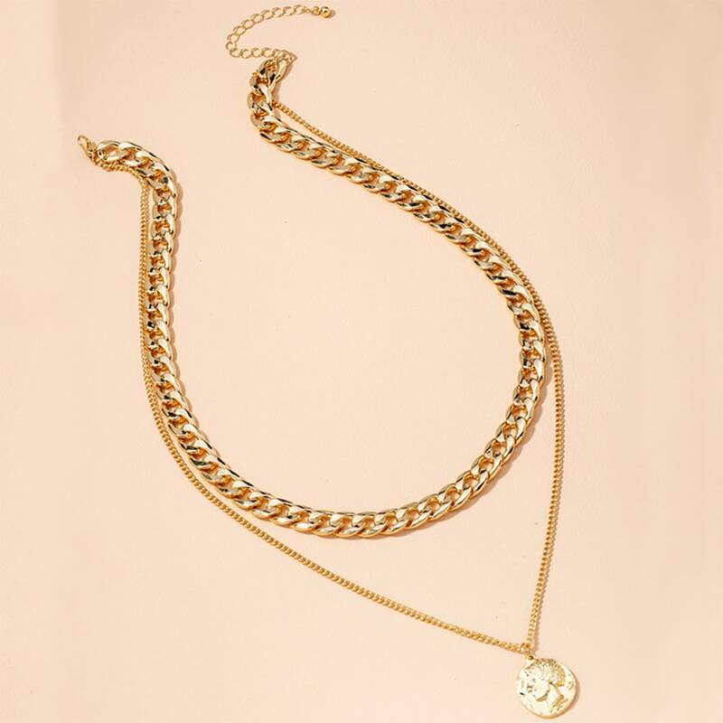 

1pc Round Disc Layered Chain Necklace, Gold