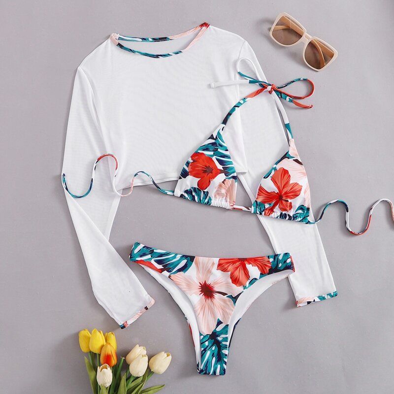 

Floral Halter Bikini Swimsuit & Cover Up, Multicolor