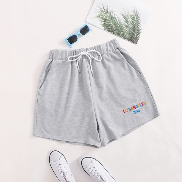 

Plus Letter Embroidery Drawstring Track Shorts, Light grey
