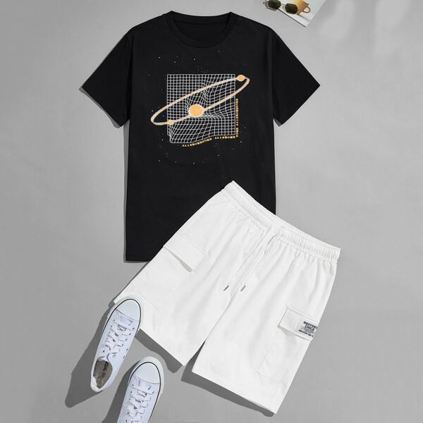 

Men Japanese Slogan Graphic Tee With Utility Shorts, Black and white