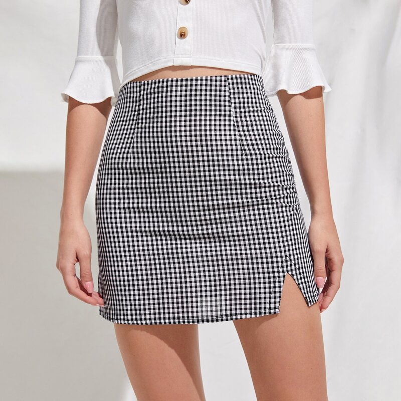 

Gingham Split Skirt, Black and white