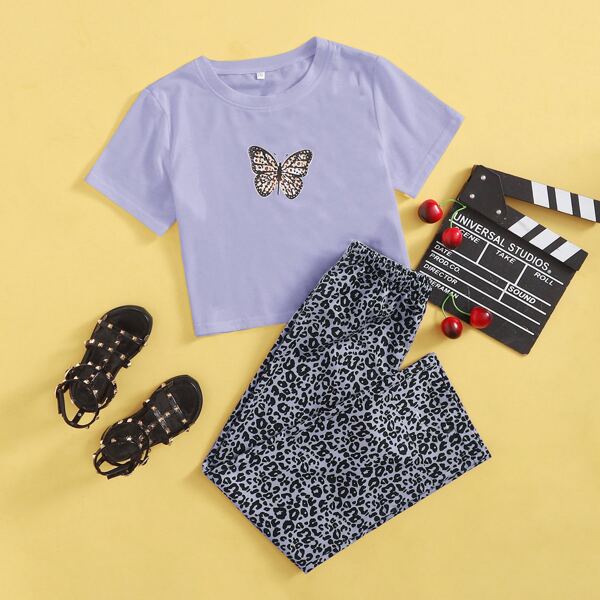 

Girls Butterfly Print Tee & Leopard Pants, Multicolor