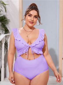 大碼前鏤空荷葉邊連體泳裝 - 淡紫色 - 查看 3