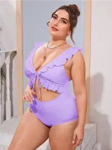 大碼前鏤空荷葉邊連體泳裝 - 淡紫色 - 查看 4