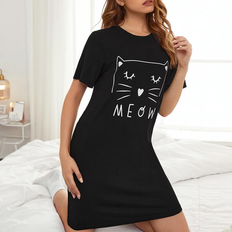 

Cat And Letter Graphic Night Dress, Black