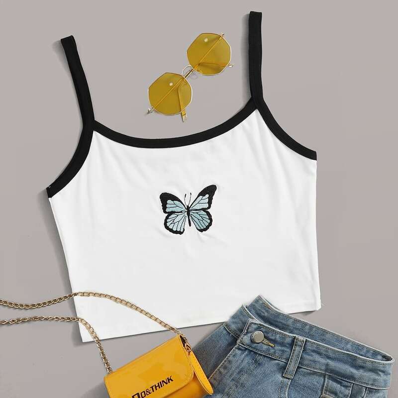 

Butterfly Embroidery Ringer Crop Cami, White