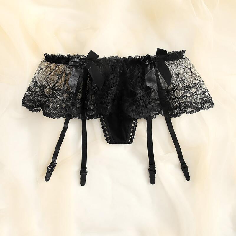 

Floral Lace Garter Thong, Black