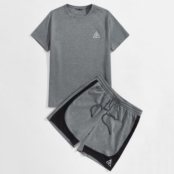 

Men Reflective Graphic Print Top & Colorblock Track Shorts Set, Grey