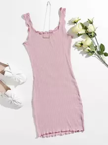 SHEIN Privé Plus Lettuce Trim Rib-knit Bodycon  Dress - Dusty Pink - View 1