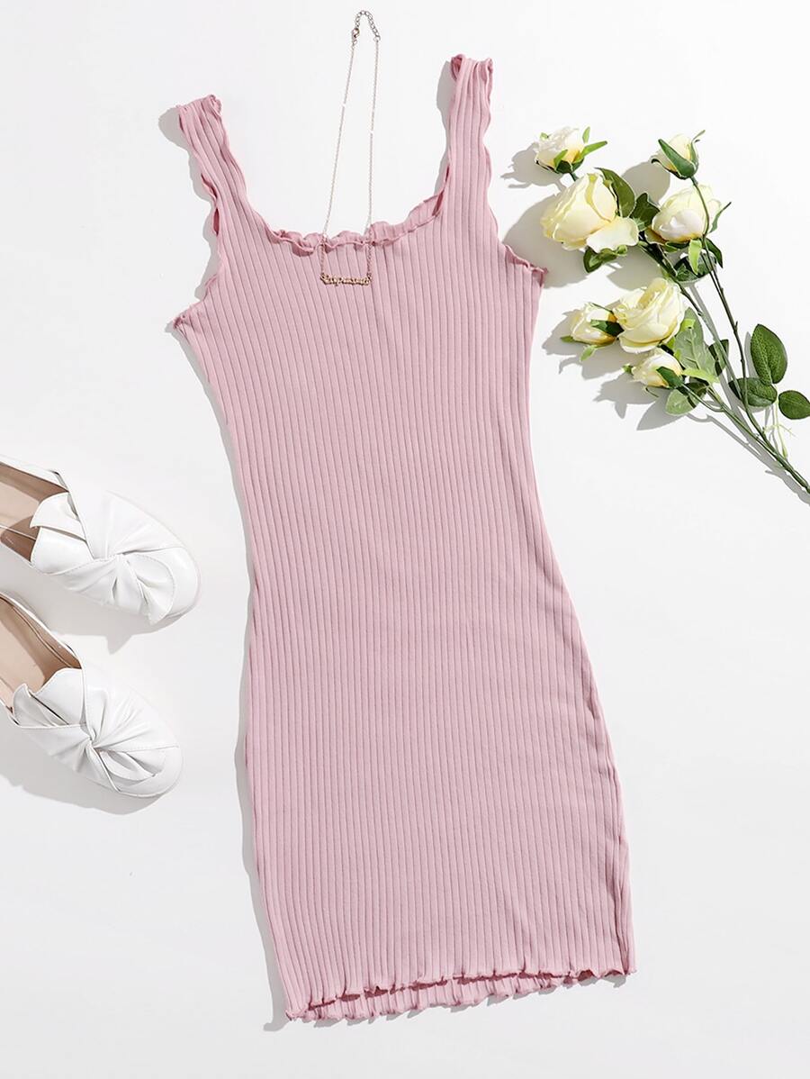 SHEIN Privé Plus Lettuce Trim Rib-knit Bodycon Dress - Dusty Pink - View 1