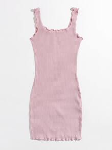 SHEIN Privé Plus Lettuce Trim Rib-knit Bodycon  Dress - Dusty Pink - View 2