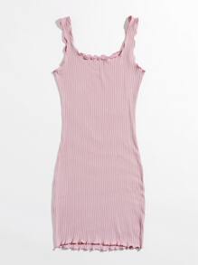 SHEIN Privé Plus Lettuce Trim Rib-knit Bodycon  Dress - Dusty Pink - View 5