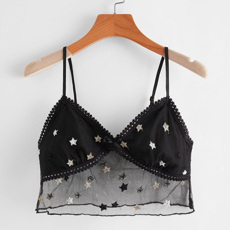 

Star Print Contrast Mesh Crop Cami, Black