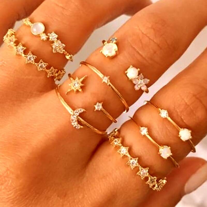 

9pcs Rhinestone Star & Moon Ring, Gold
