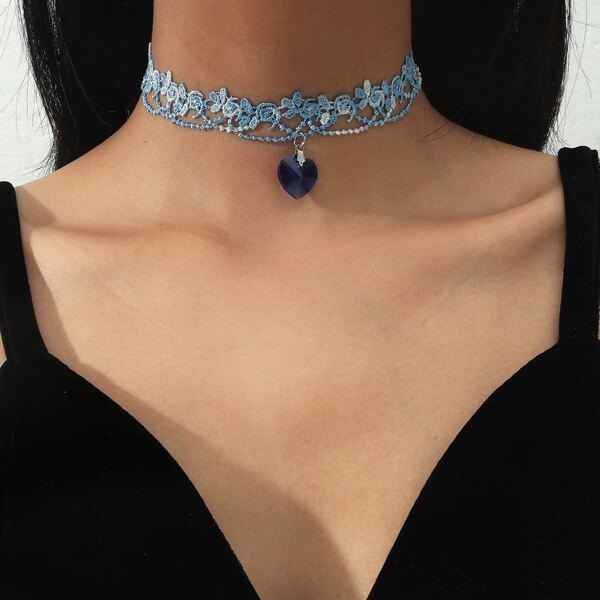 

Heart Charm Lace Choker, Blue