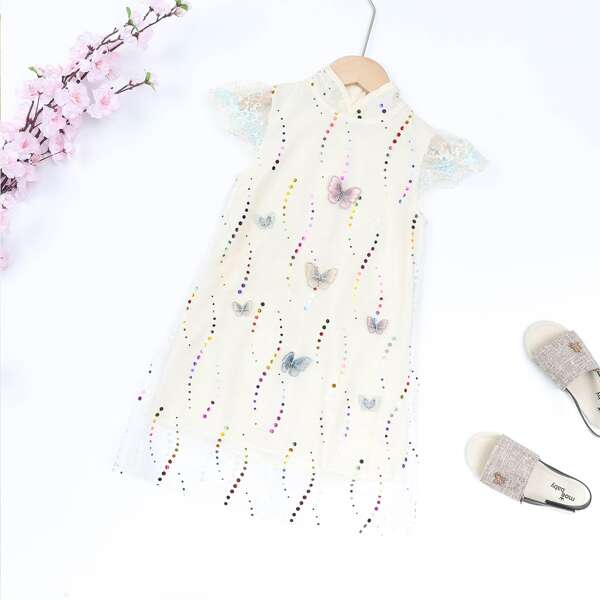 

Girls Butterfly Patched Mesh Overlay Dress, White