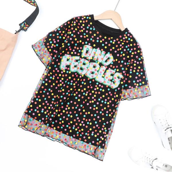 

Girls Polka Dot Letter Graphic Mesh Overlay Tee, Multicolor