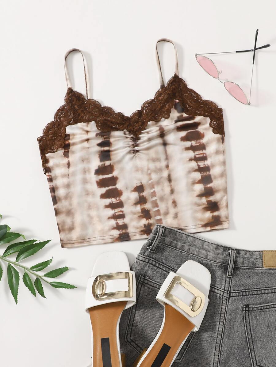 SHEIN Unity Tie Dye Lace Panel Ruched Cami Top - Multicolor - View 1