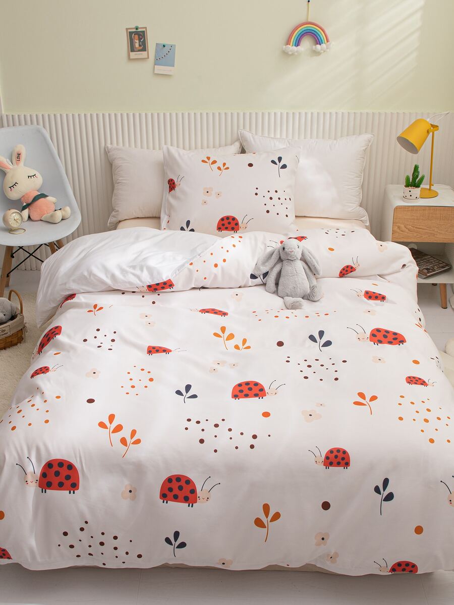 Cartoon Ladybug Print Kids Duvet Cover Set Without Filler - Multicolor - View 1