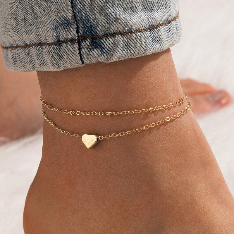 

Heart Decor Layered Chain Anklet, Gold