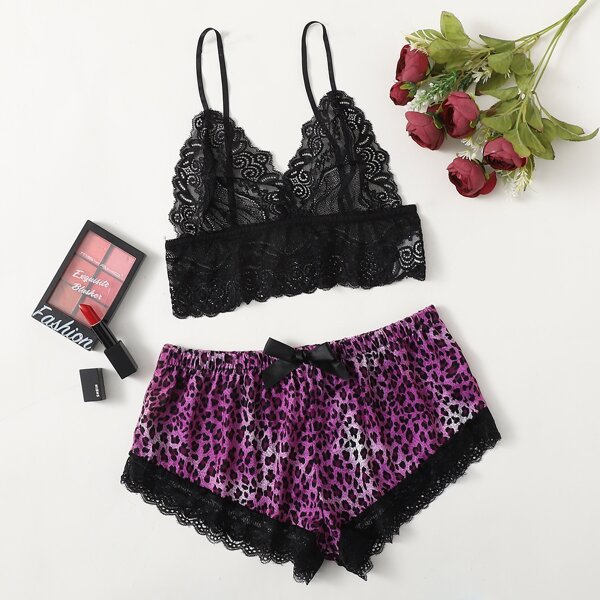 

Floral Lace Bralette With Leopard Shorts, Purple