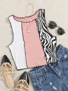 SHEIN Qutie Top tank ribete en forma de lechuga de color combinado de rayas - Multicolor - Ver 1