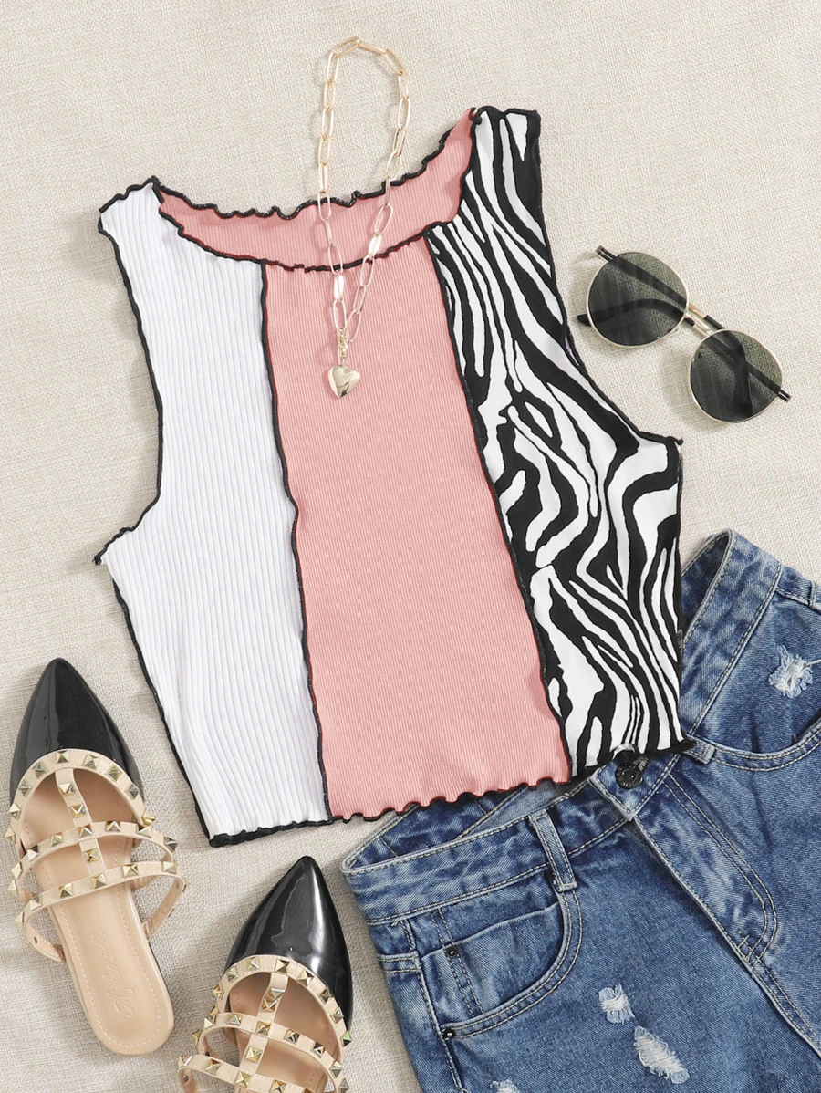 SHEIN Qutie Top tank ribete en forma de lechuga de color combinado de rayas - Multicolor - Ver 1