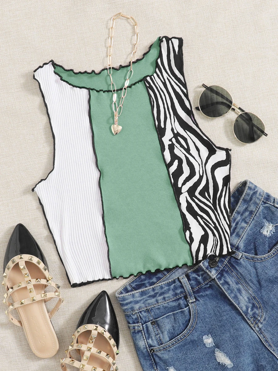SHEIN Qutie Top tank ribete en forma de lechuga de color combinado de rayas - Multicolor - Ver 1