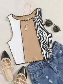 SHEIN Qutie Top tank ribete en forma de lechuga de color combinado de rayas - Multicolor - Ver 1