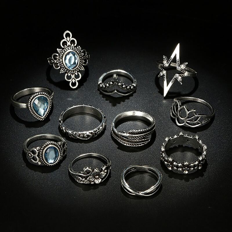 

11pcs Rhinestone & Flower Design Ring, Silver