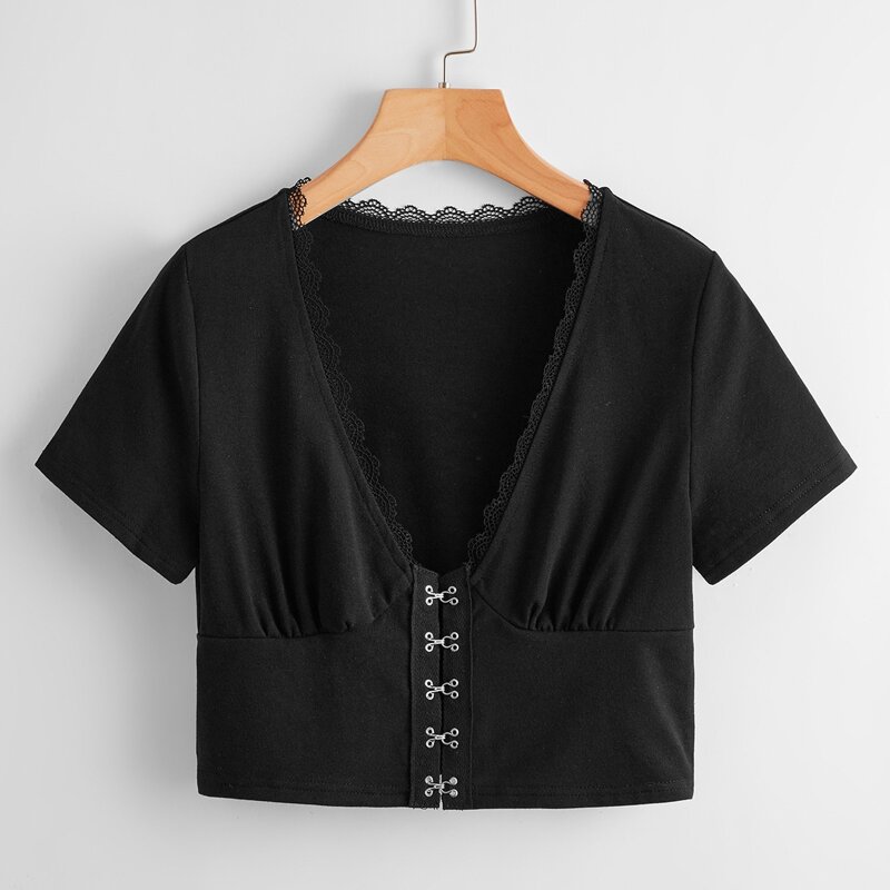 

Hook And Eye Contrast Lace Tee, Black