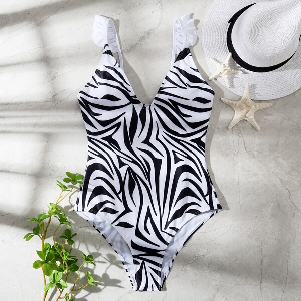 

Zebra Striped Pattern Ruffle One Piece Swimsuit, Black and white