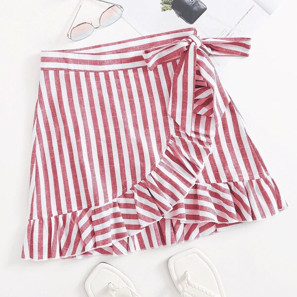 

Ruffle Hem Wrap Knot Striped Skirt, Red and white