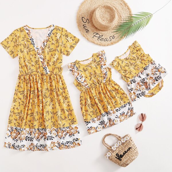

Toddler Girls 1pc Floral Print Ruffle Trim Dress, Yellow
