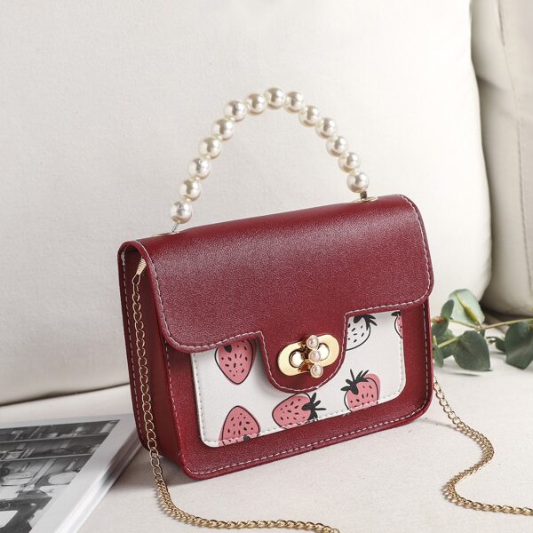 

Faux Pearl Handle Strawberry Graphic Satchel Bag, Burgundy
