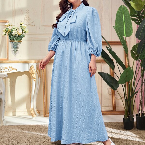 

Plus Tie Neck Bishop Sleeve Solid Dress, Baby blue