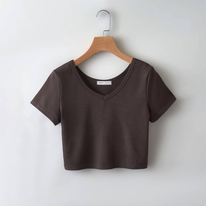 

Solid Ribbed Crop Tee, Coffee brown