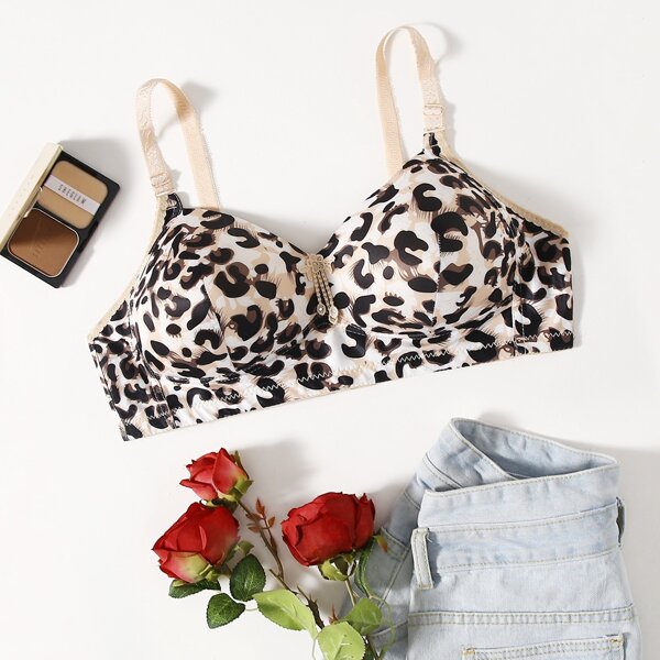 

Plus Leopard Pattern Wireless Bra, Multicolor